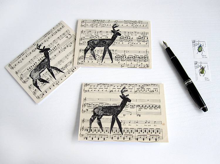 Renna Deluxe Klappkarte mit Hirsch auf Notenpapier Fabrik Onlineshop