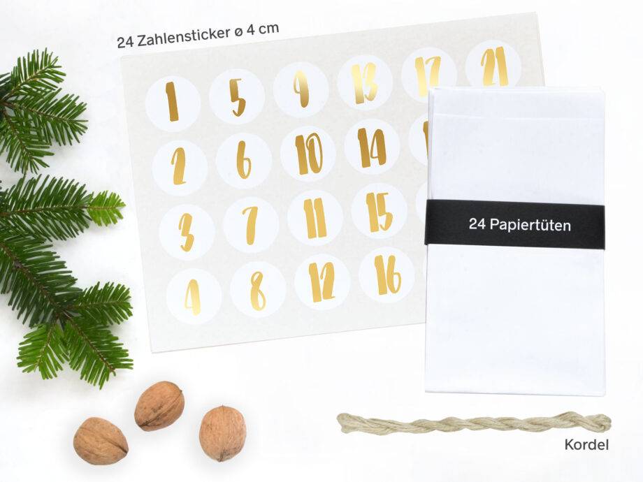 Renna Deluxe Adventskalender Gold metallic mit weißen Papiertüten Tägliche Deals